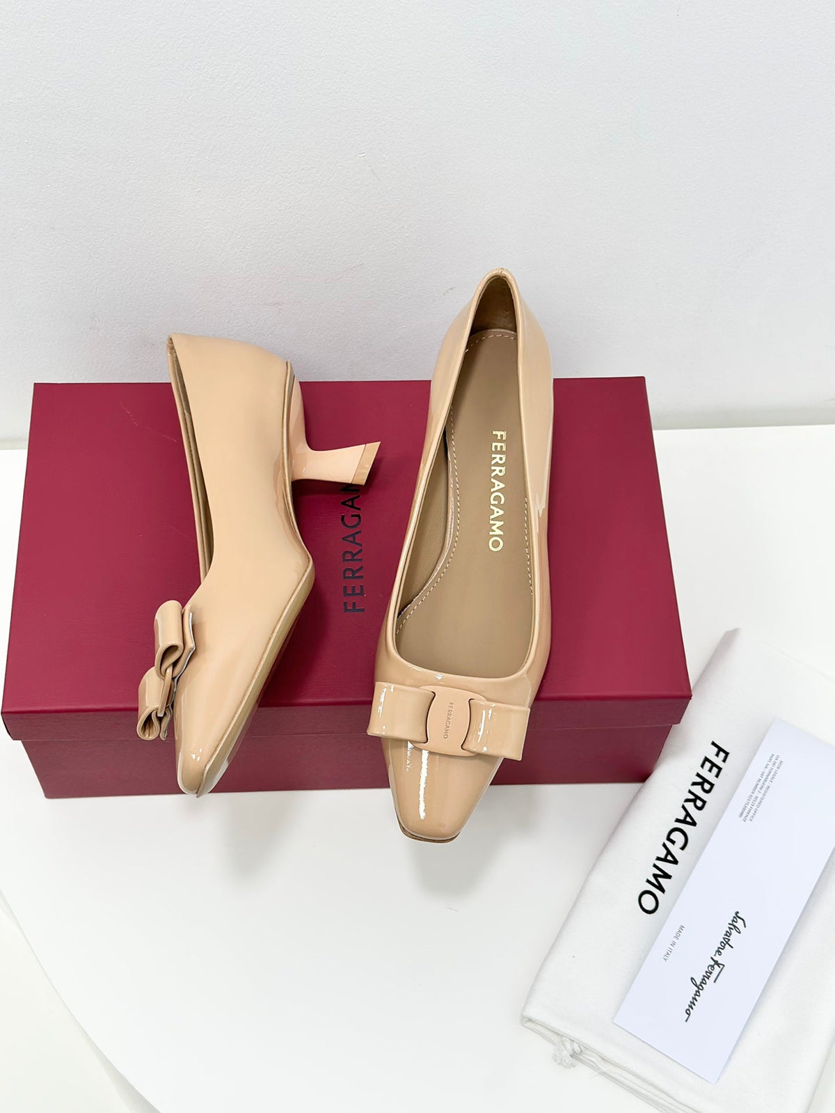 Ferragamo Vara Patent Leather Square Toe Pumps