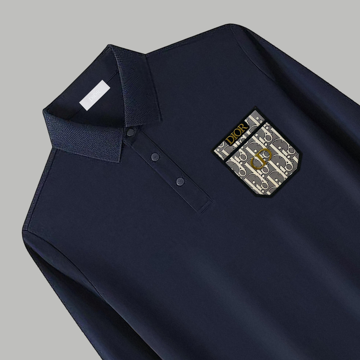 Dior Silk Long Sleeve Polo Shirt with Metal Patch